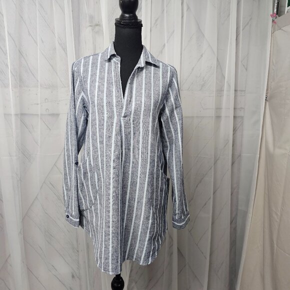 Forcynthia Gray Blue Striped Linen Blend Roll Tab Sleeve Beach Tunic Size M - Picture 1 of 13